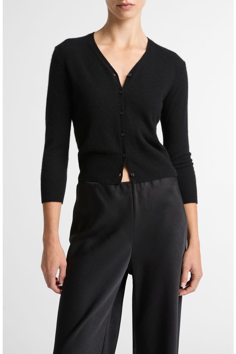 Elbow Sleeve V-Neck Cashmere & Silk Cardigan, Main, color, BLACK