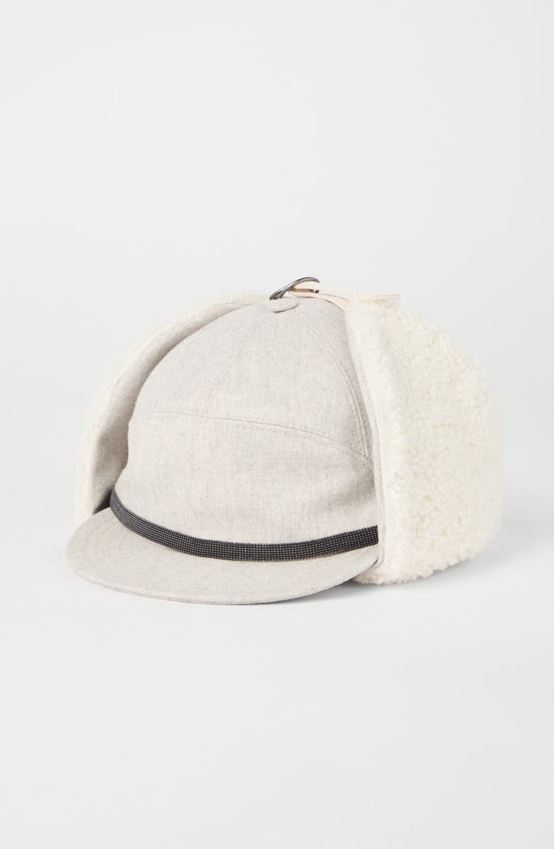 Brunello Cucinelli Virgin wool flannel baseball cap with shearling-lined ear flaps and shiny band, Alternate, color,