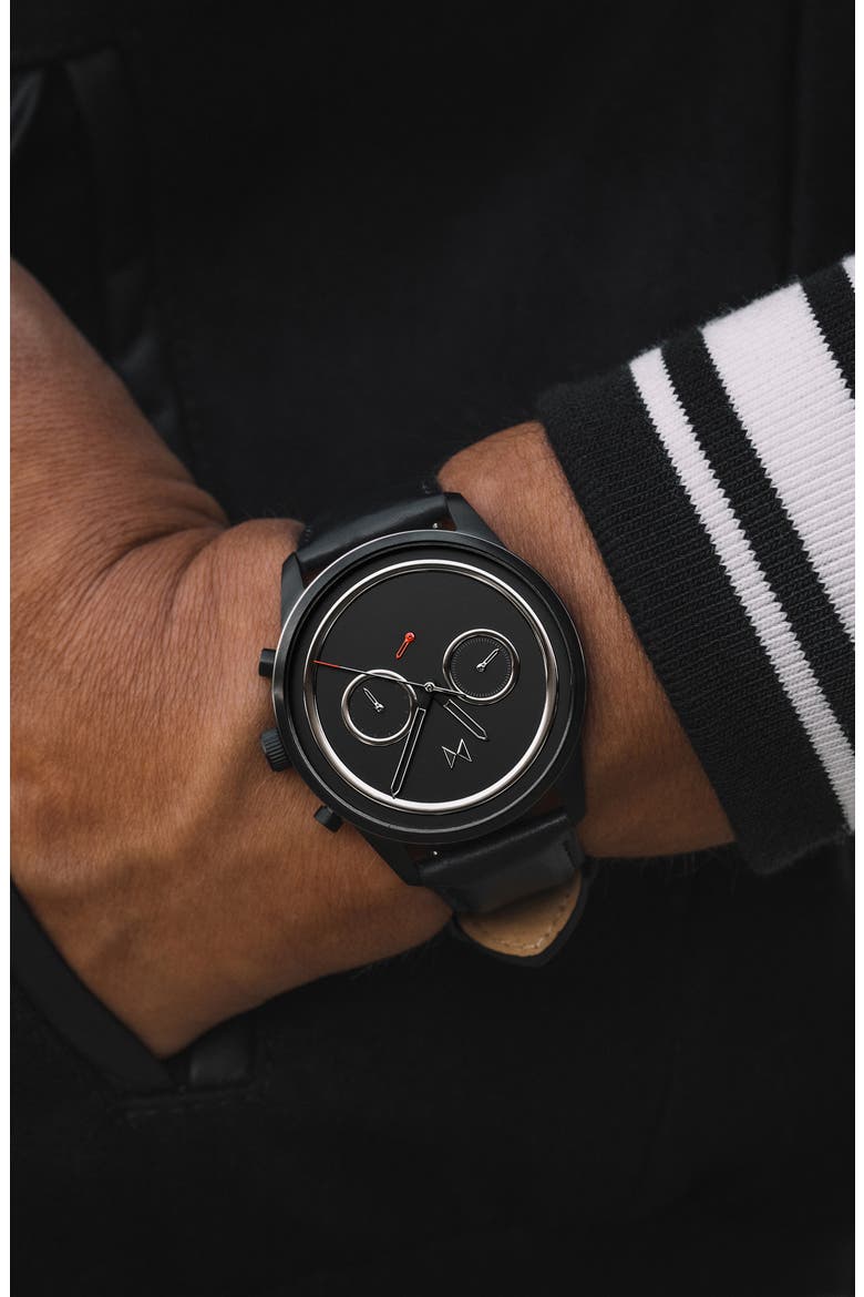 MVMT Sportluxe Chronograph Leather Strap Watch, 43mm, Alternate, color, BLACK