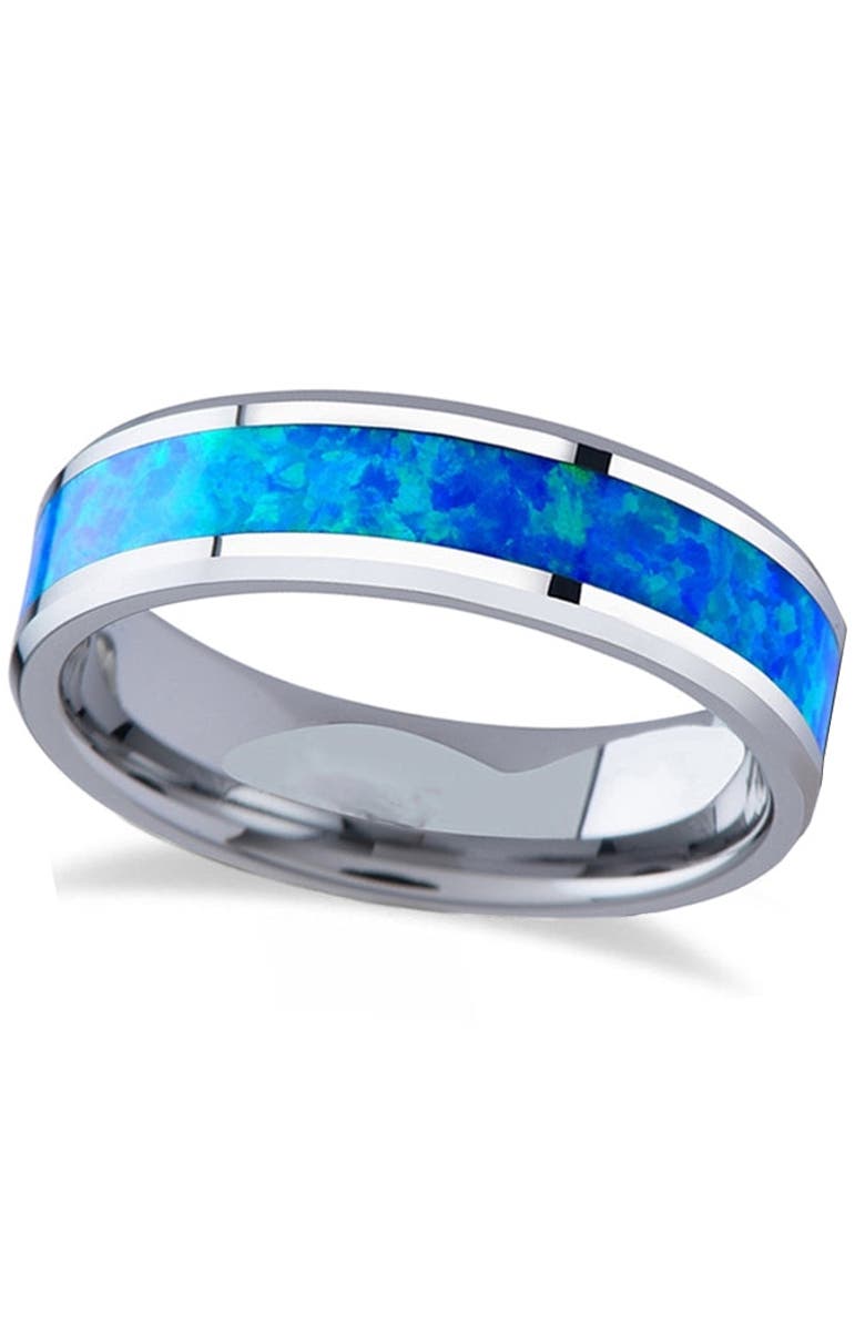 ALLUREZ Blue Green Opal Inlay Tungsten Wedding Band, Main, color, Tungsten