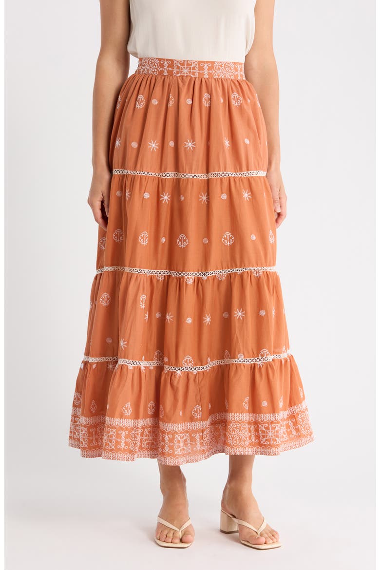 Embroidered Tiered Cotton Skirt, Main, color, TERRACOTTA/ WHITE
