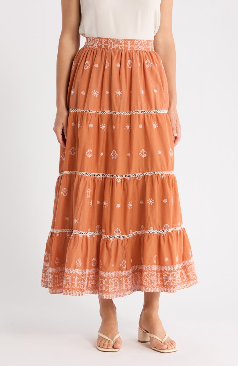 T Tahari Embroidered Tiered Cotton Skirt, Main, color, Terracotta/ White