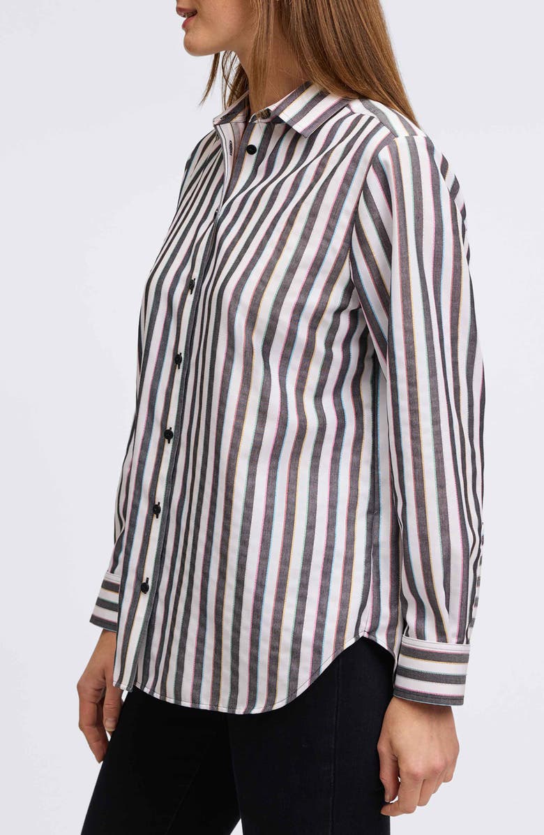 Foxcroft Rainbow Stripe Relaxed Fit Cotton Blend Button-Up Shirt, Alternate, color, Black Multi Stripe