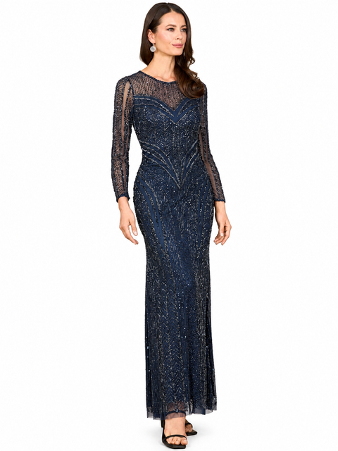 Illusion Neck, Long Sleeve Beaded Gown