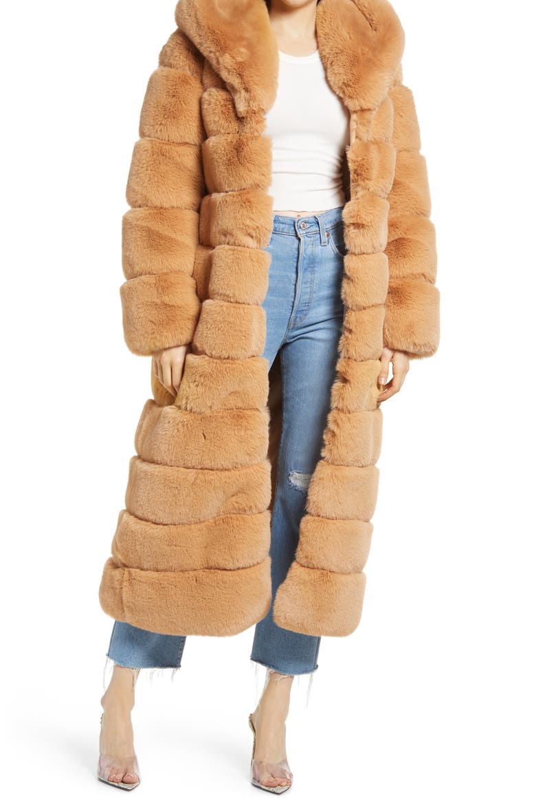 Hooded Faux Fur Coat, Main, color, CAMEL