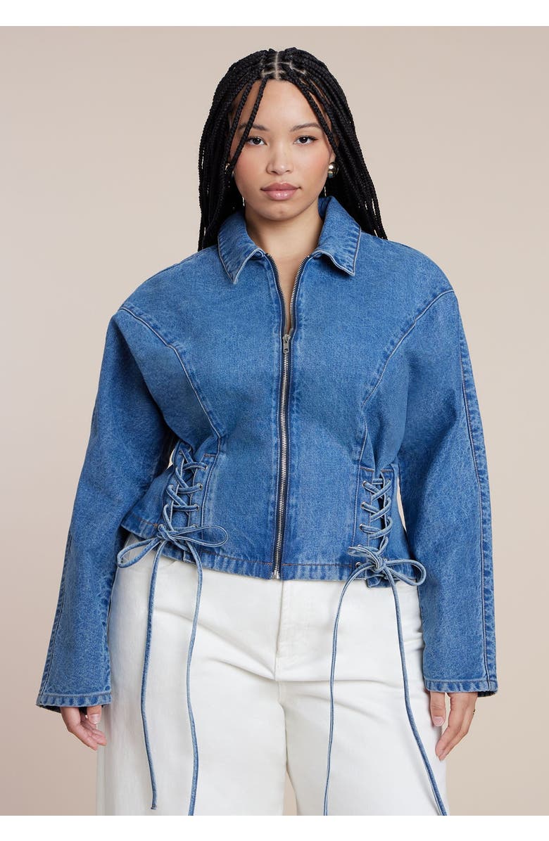 ELOQUII Lace Up Denim Jacket, Main, color, Medium Wash