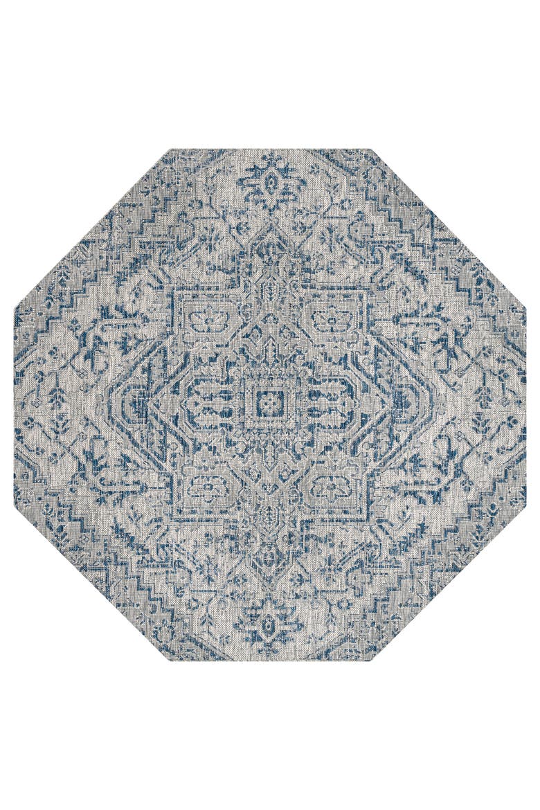 Estrella Bohemian Medallion Textured Weave Octagon Indoor/Outdoor Area Rug, Main, color, Navy/Gray