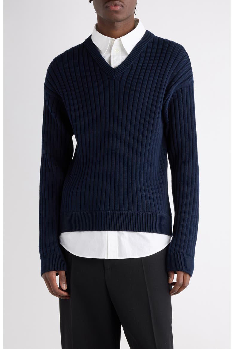 Mixed Media Prelayered Cotton Rib Sweater, Main, color, 4170 NAVY/ WHITE