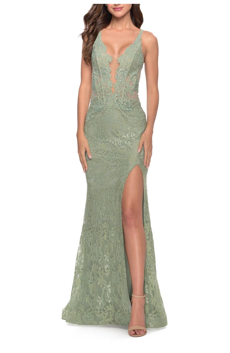 La Femme Fitted Stretch Lace Gown with Deep V and Beading, Main, color, Sage