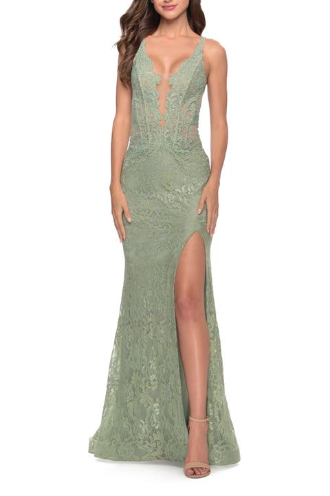 Fitted Stretch Lace Gown with Deep V and Beading