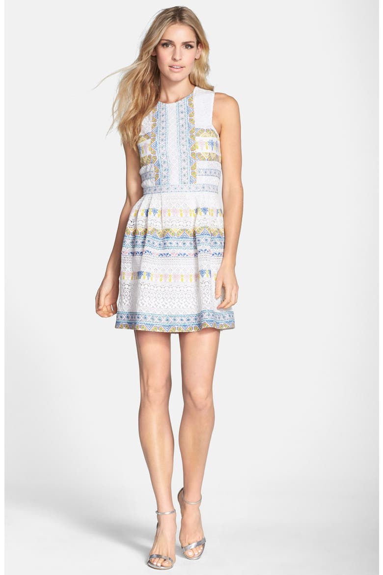 BCBG 'Cecile' Cotton Blend Fit & Flare Dress, Alternate, color, WHITE COMBO