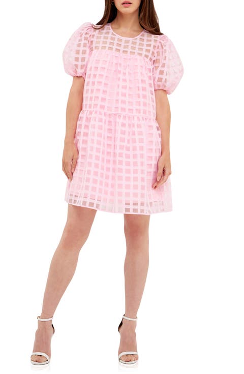 Gridded Puff Sleeve Dress