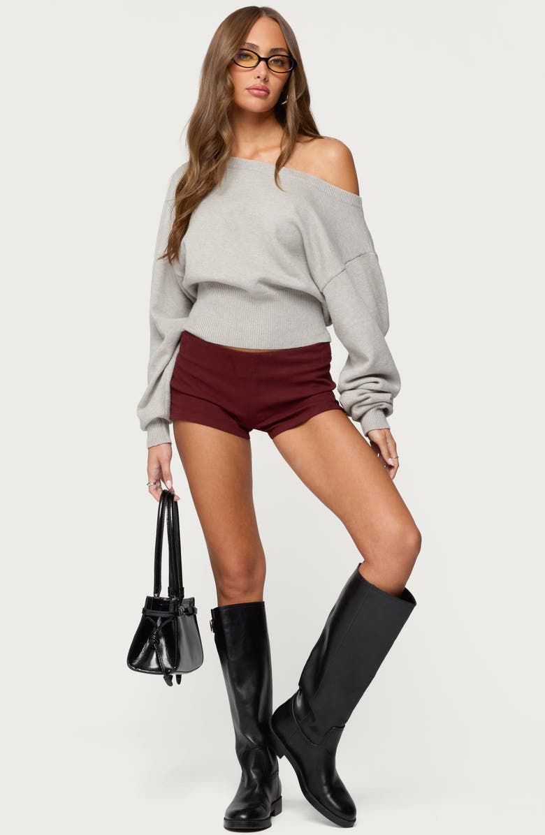 EDIKTED Dinah Low Rise Denim Micro Shorts, Alternate, color, Burgundy