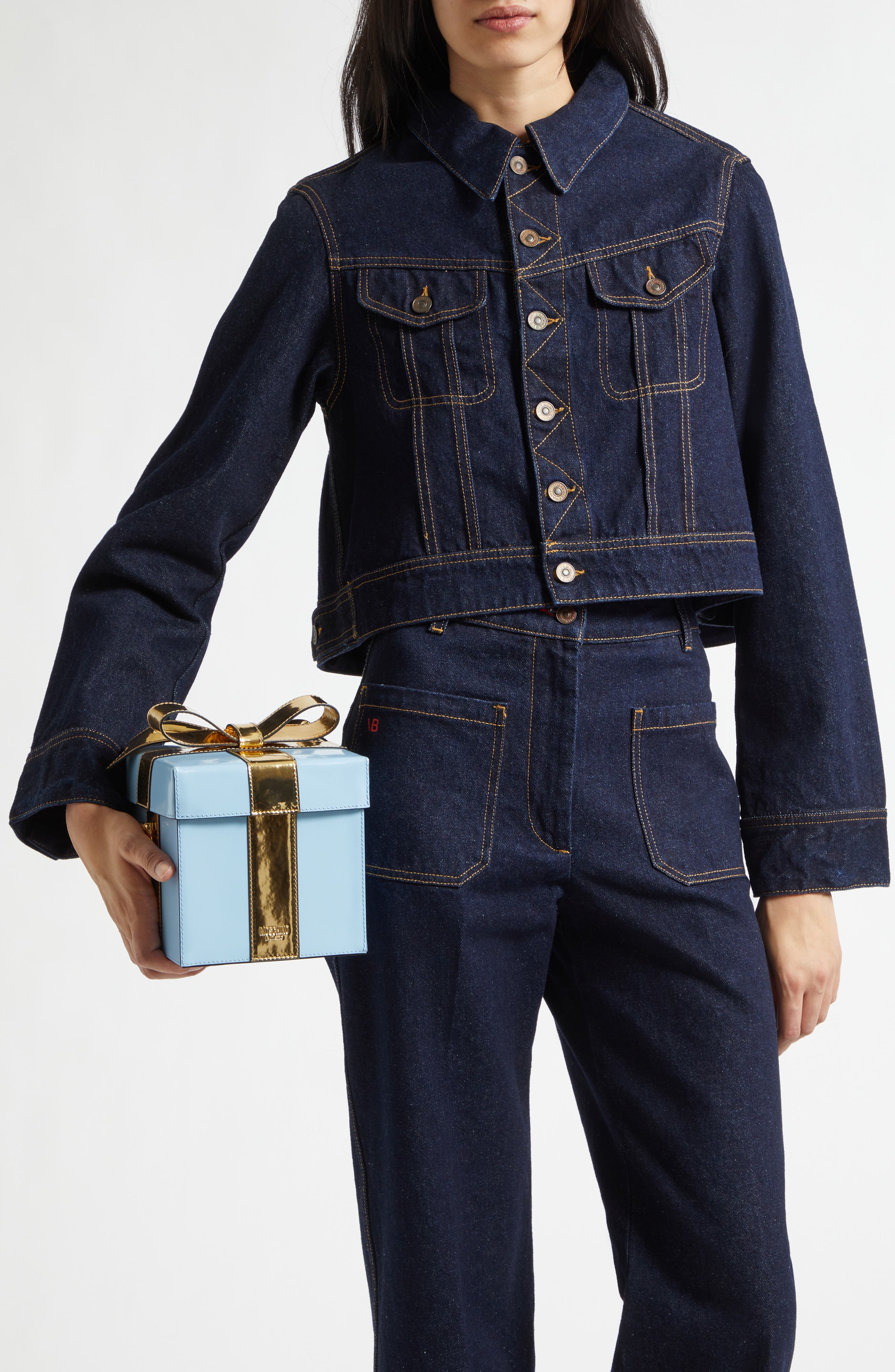 Moschino Gift Box Bag Leather Clutch, Alternate, color, Blue