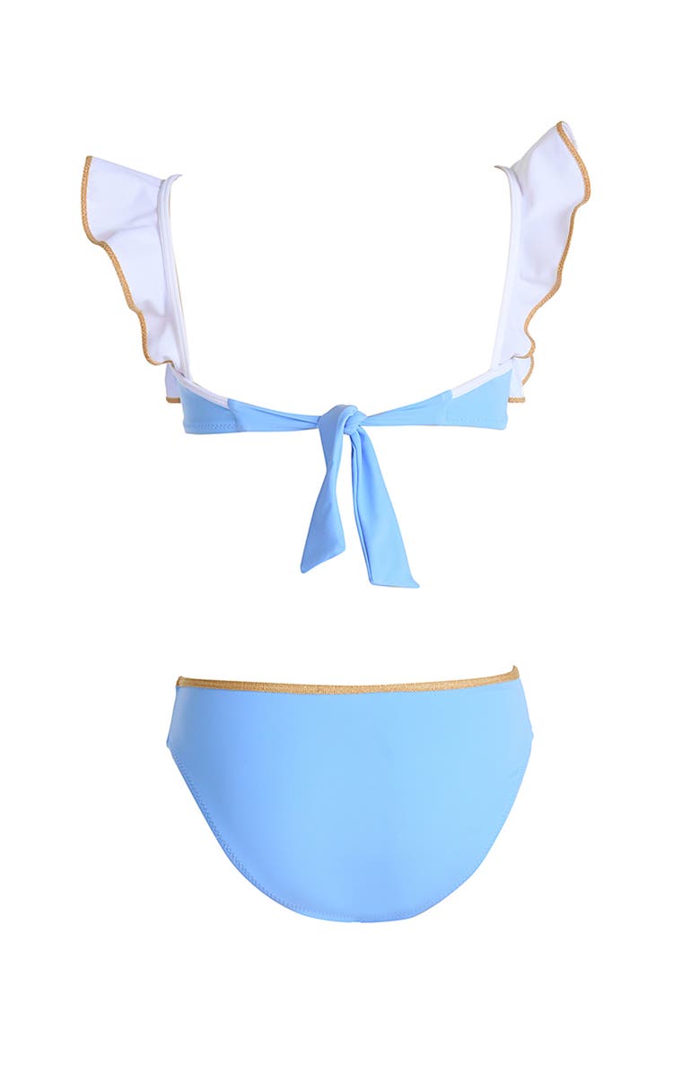 NESSI BYRD Ruffled Shoulders with Shimmering Bronze Piping Two-Piece Bikini, Alternate, color, Blue-White