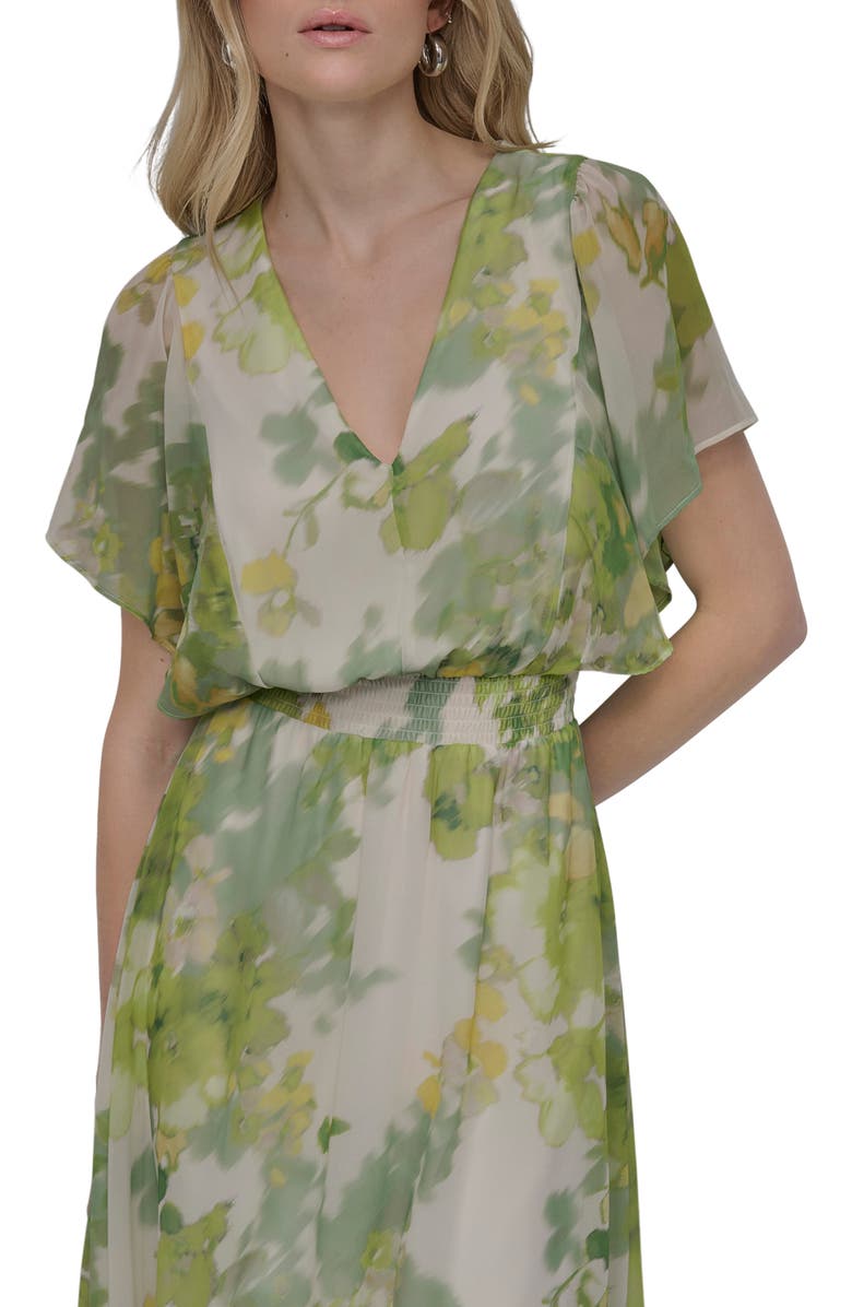 DKNY Flutter Sleeve Smocked Waist High-Low Dress, Alternate, color, Ivory Mult