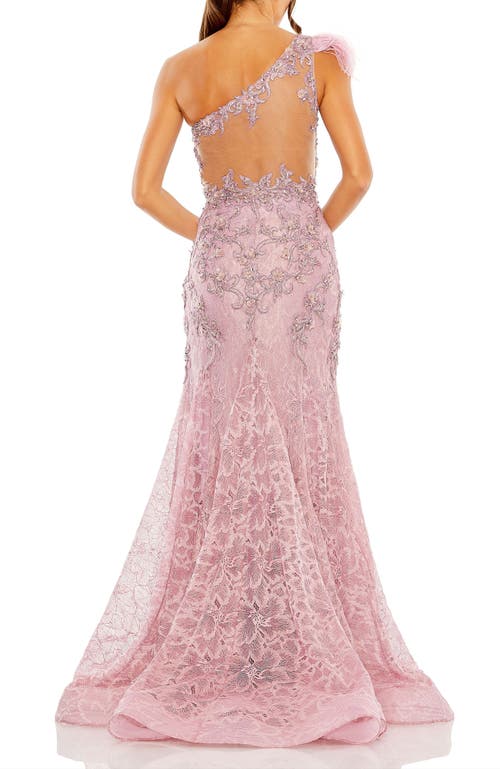 Mac Duggal Embroidered Applique Feathered One Shoulder Gown In Rose
