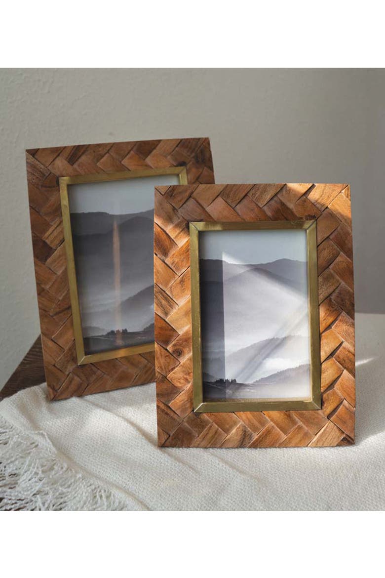 Basu Picture Frame - Carved Wood, Brass Inlay, Alternate, color, Natural Wood - 5x7