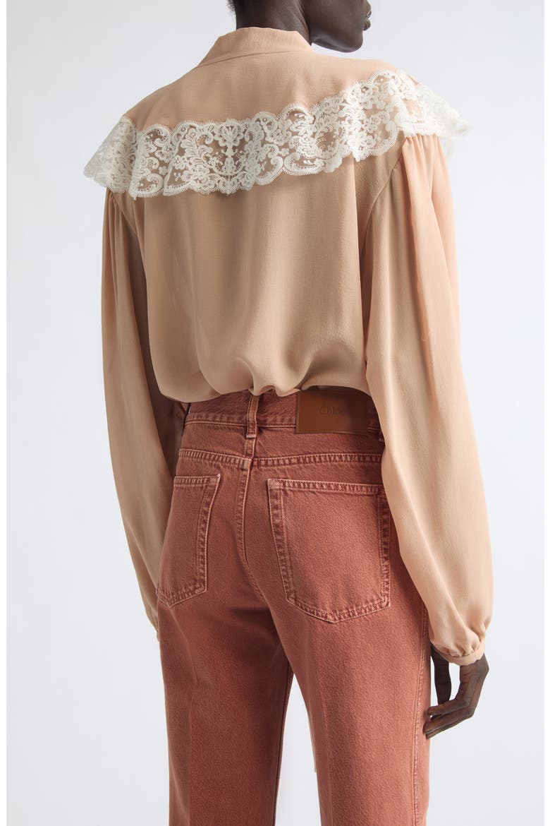 Iconic Lace Trim Silk Georgette Shirt, Alternate, color, BISCUIT PINK