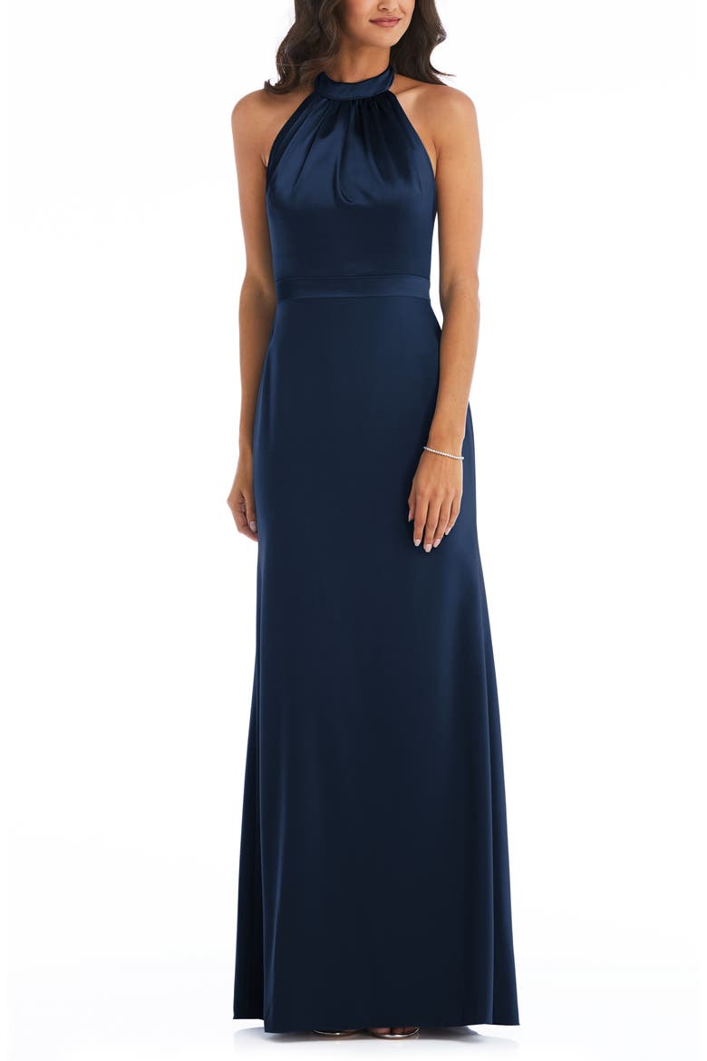 Halter Neck Charmeuse & Crepe Gown, Main, color, MIDNIGHT