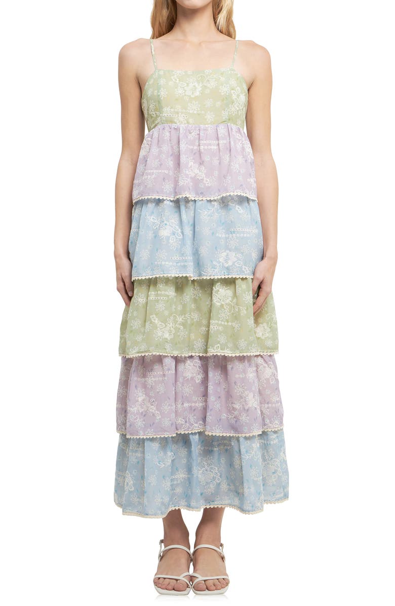 English Factory Floral Tiered Maxi Dress, Alternate, color, Green Multi