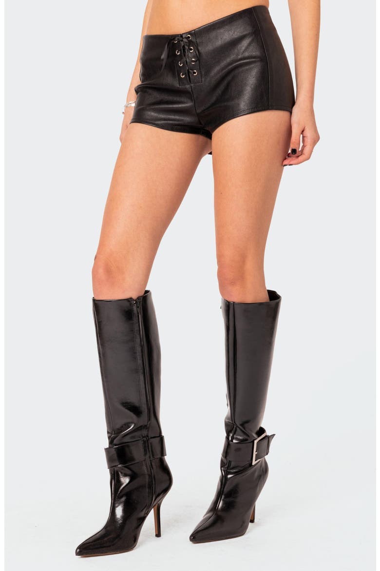 Wilde Lace Up Faux Leather Shorts, Alternate, color, BLACK