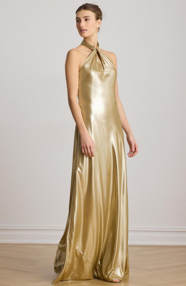 Lauren Ralph Lauren Metallic Chiffon Halter Neck Gown, Alternate, color, Light Gold Foil/ Multi