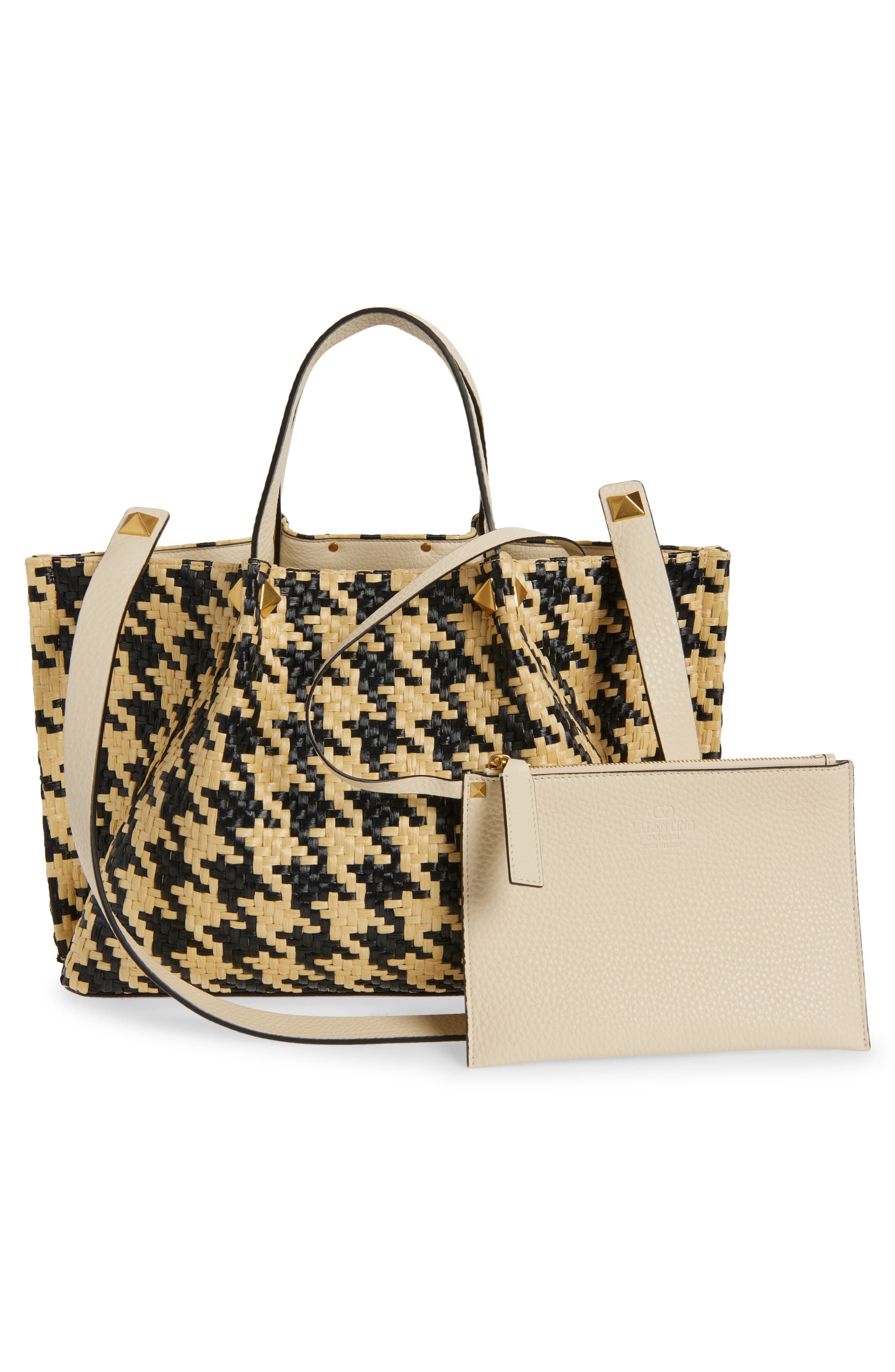 Valentino Garavani Medium VLOGO Signature Houndstooth Raffia Tote, Alternate, color, 