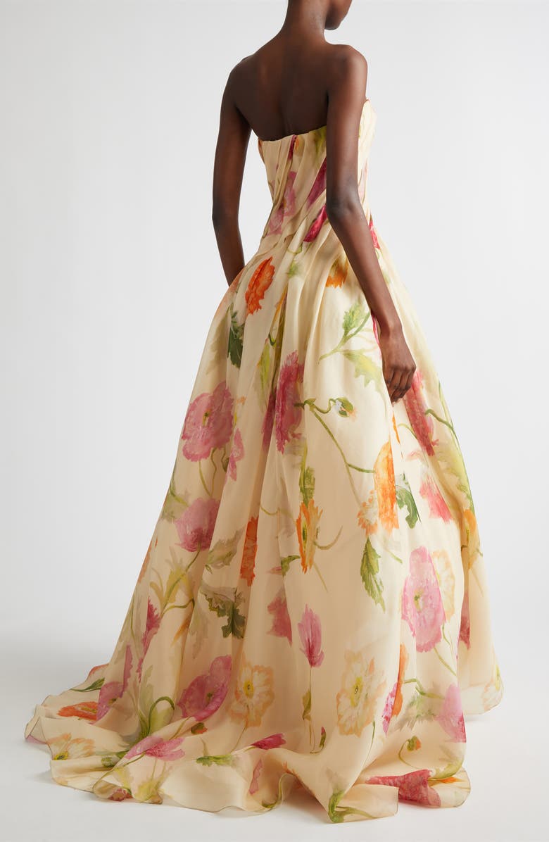 Carolina Herrera Floral Pleated Silk Strapless Gown, Alternate, color, Almond Multi
