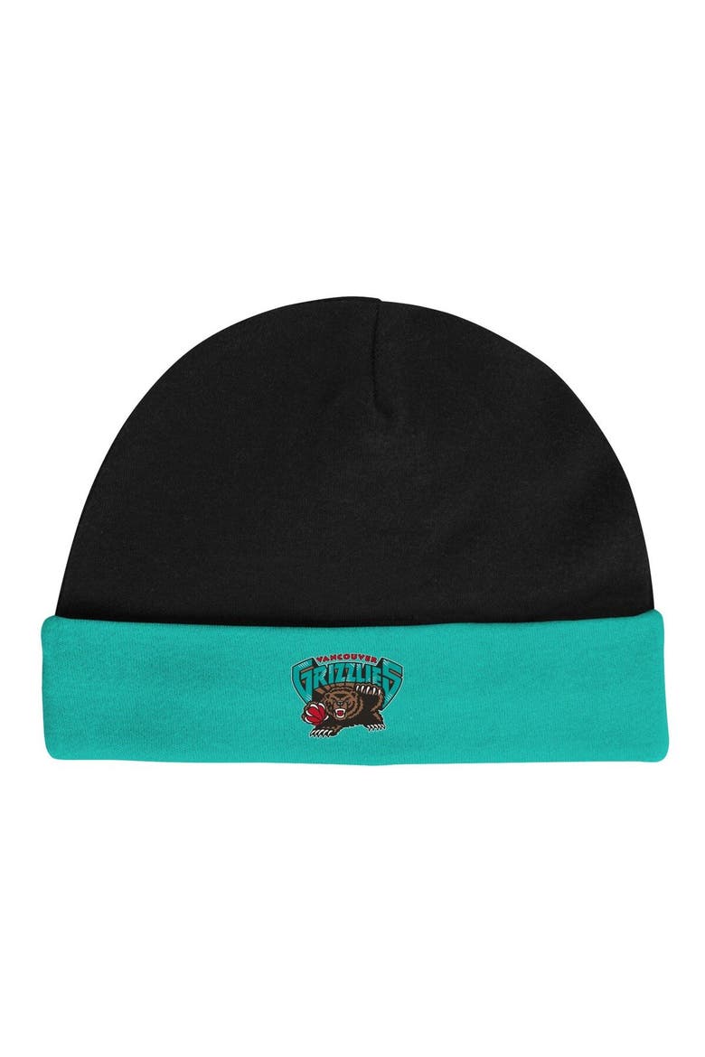 Infant Mitchell & Ness Black/Turquoise Vancouver Grizzlies Hardwood Classics Bodysuits & Cuffed Knit Hat Set, Alternate, color, Black
