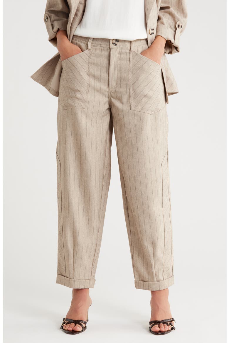 Pinstripe High Waist Cuffed Barrel Leg Pants, Main, color, HEATHER WALNUT/ BLACK