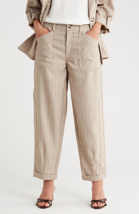 Pinstripe High Waist Cuffed Barrel Leg Pants