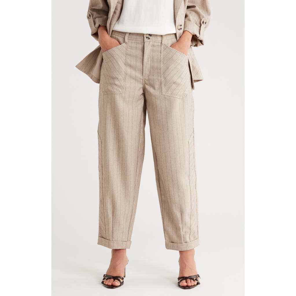 Democracy Pinstripe High Waist Cuffed Barrel Leg Pants In Brown