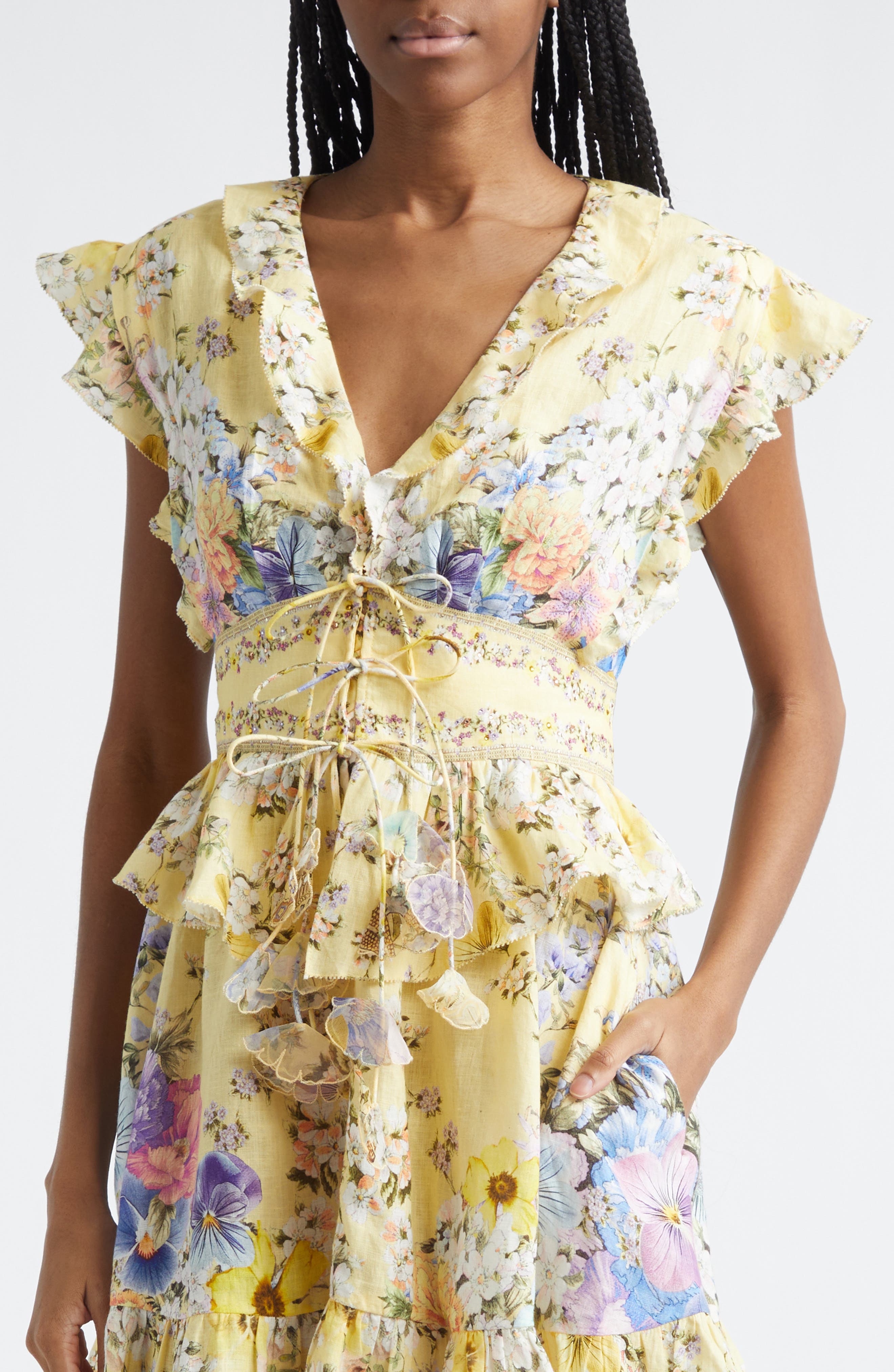 Camilla Darling Buds Ruffle Waisted Linen Minidress (Women) | Nordstrom