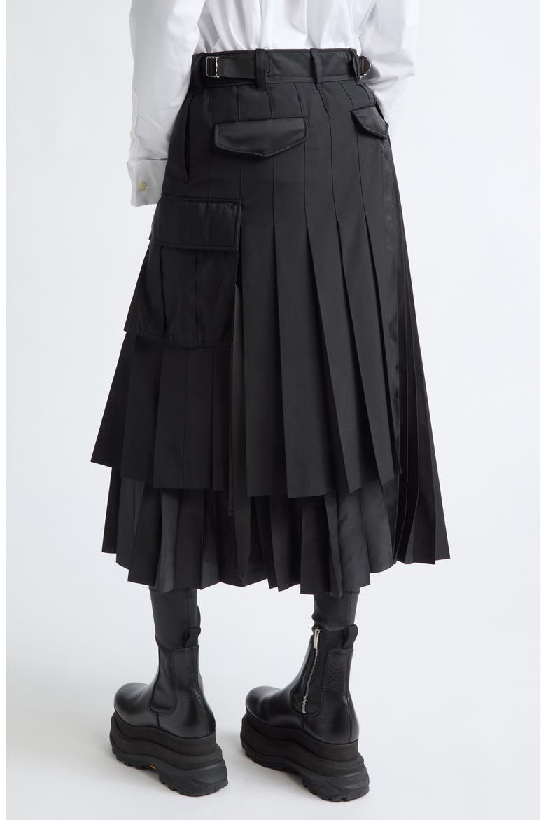 Pleated Mixed Media Midi Skirt, Alternate, color, BLACK