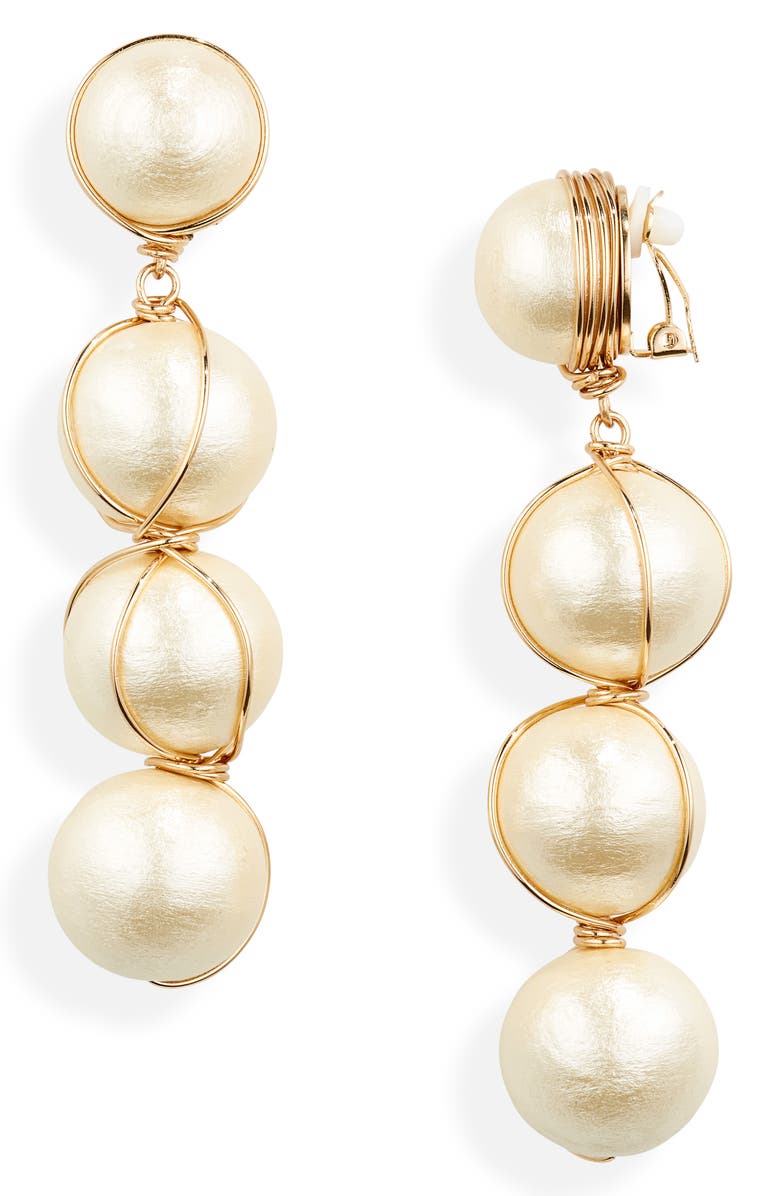 Cult Gaia Giga Imitation Pearl Linear Drop Clip-On Earrings, Main, color,