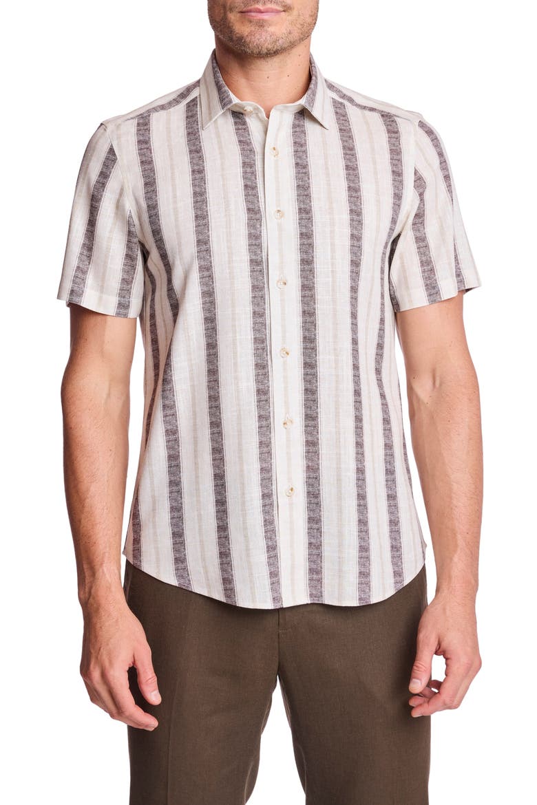 Sawyer Short Sleeve Linen Blend Button-Up Shirt, Main, color, TAN BROWN STRIPES