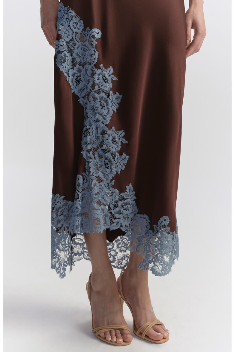 Olivia Lace Trim Asymmetric Satin Maxi Skirt, Alternate, color, GANACHE/ FRENCH BLUE