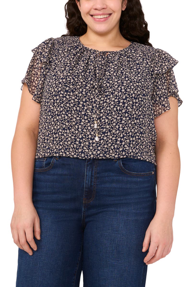 CeCe Floral Tie Neck Flutter Sleeve Top, Main, color, Classic Navy