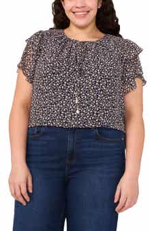 CeCe Floral Tie Neck Flutter Sleeve Top