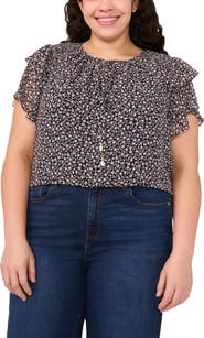 CeCe Floral Tie Neck Flutter Sleeve Top