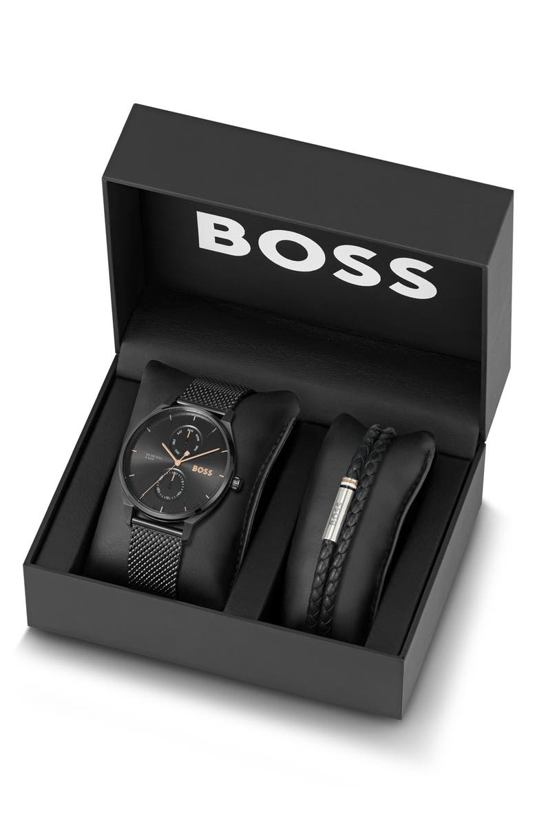 BOSS Tyler Mesh Strap Watch, 43mm & Leather Bracelet Set, Alternate, color, Black