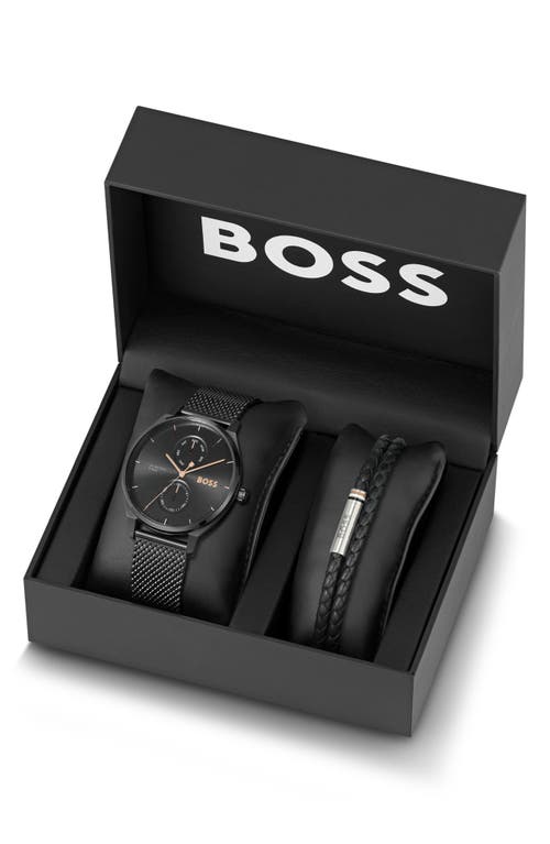 Hugo Boss Boss Tyler Mesh Strap Watch, 43mm & Leather Bracelet Set In Black