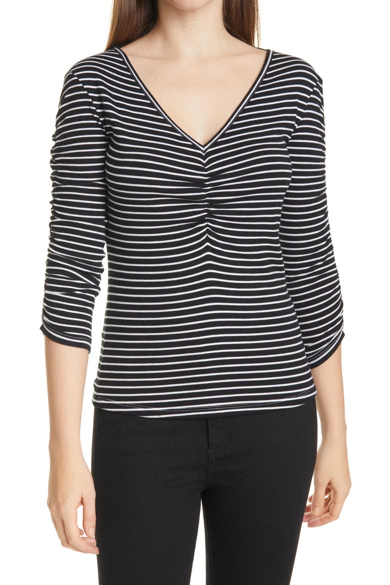 Clarita Stripe Ruched V-Neck T-Shirt, Main, color, BLACK/ IVORY