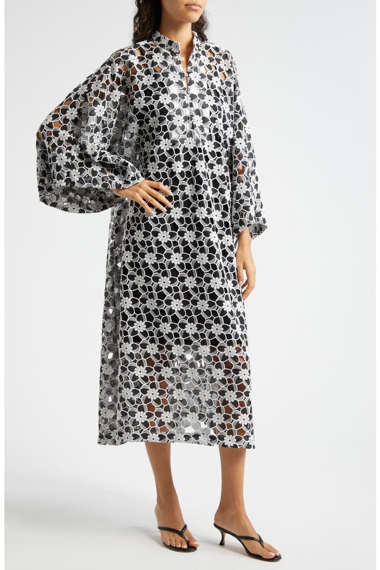 Cutout Floral Lace Cover-Up Caftan, Alternate, color, BLACK WHITE