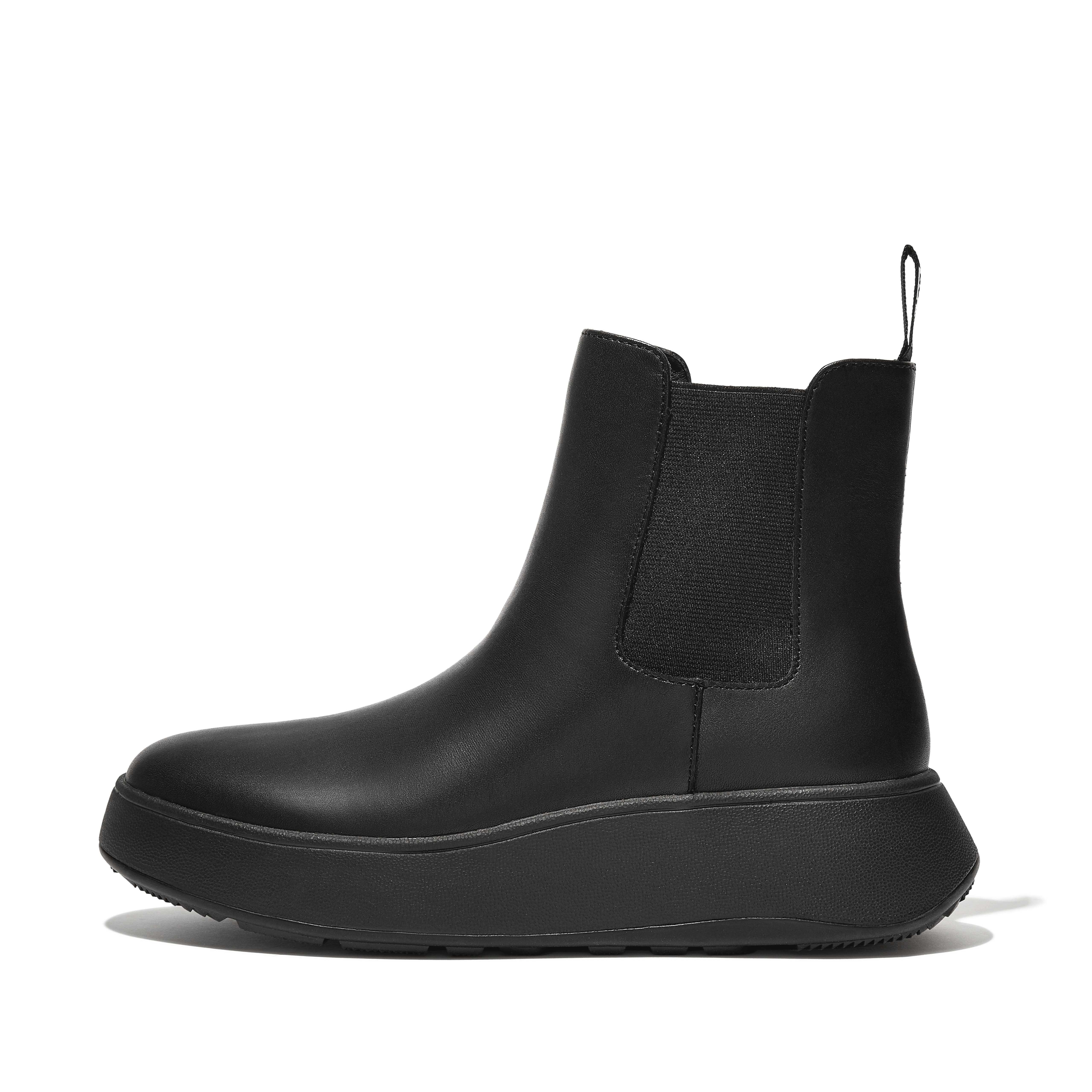 FitFlop F-Mode leather flatform chelsea boots, Alternate, color, All Black
