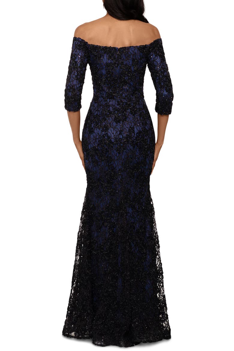 Xscape Off the Shoulder Sequin Floral Trumpet Gown, Alternate, color, BLACK/ NAVY