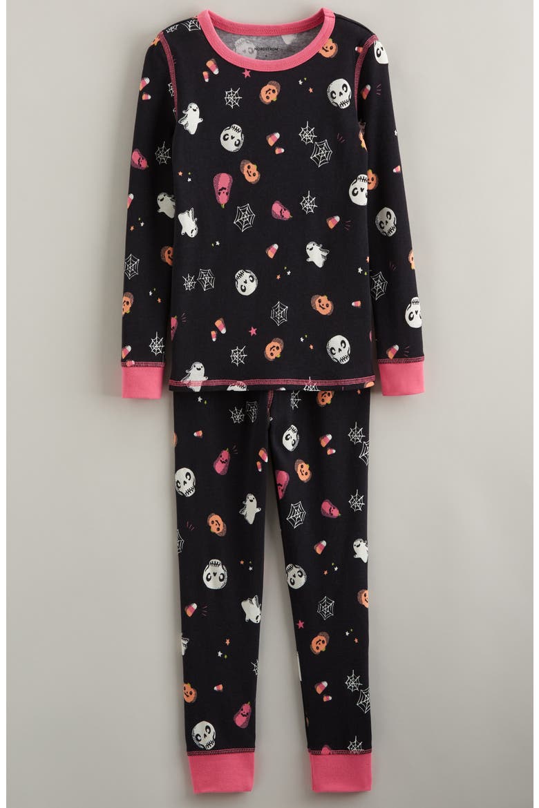 Kids' Glow in the Dark Fitted Two-Piece Pajamas, Main, color, BLACK- PINK HAPPY SPOOKS
