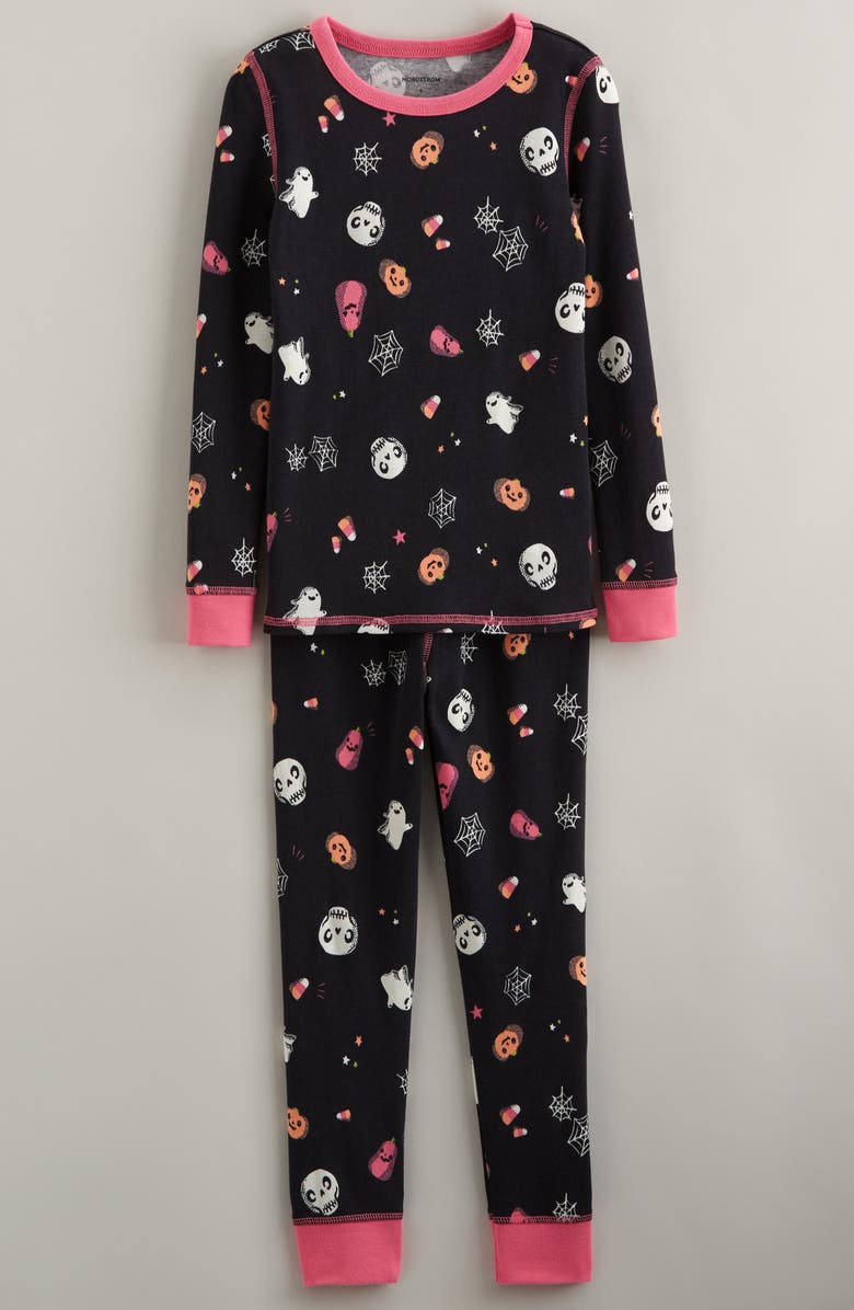 Nordstrom Kids' Glow in the Dark Fitted Two-Piece Pajamas, Main, color, Black- Pink Happy Spooks