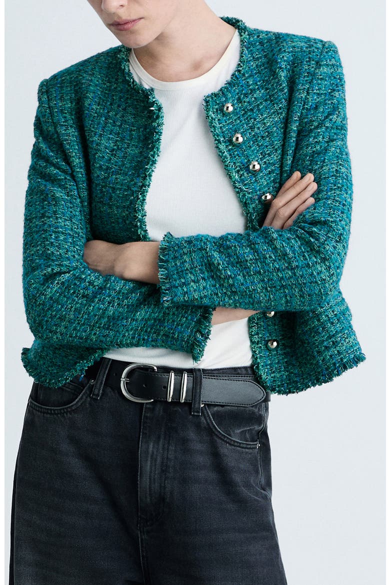 Fringe Trim Tweed Jacket, Main, color, PETROL BLUE